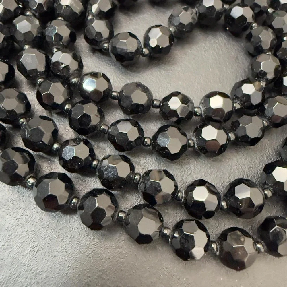 Faceted Black Beaded Necklace Crystal Long Strand Silver Tone Victorian Goth